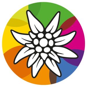 Logo der Alpenvereinsjugend: weißes Edelweiß auf buntem Kreis
