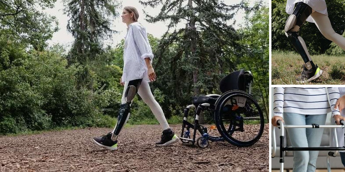 Frau mit Beinorthese geht neben einem Rollstuhl durch einen Park; daneben Detailbilder einer Beinorthese und einer Gehhilfe
